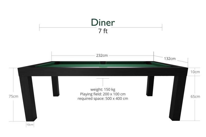 Billardtisch / Esstisch, Pool, Diner, 7 ft. (Fuß), matt-schwarz