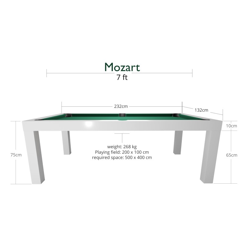 Billardtisch / Esstisch, Pool, Mozart, 7 ft. (Fuß), matt-weiß